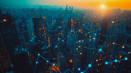 Obraz premium Smart digital Innovation Business skyscrapers in the Financial District with connection network reciprocity over the cityscape. of future smart wireless digital city and social media networking