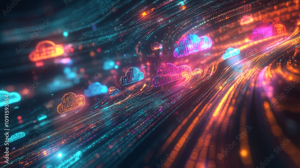 Poster Colorful clouds float through a dynamic digital landscape, illuminated by bright lights and flowing data streams.