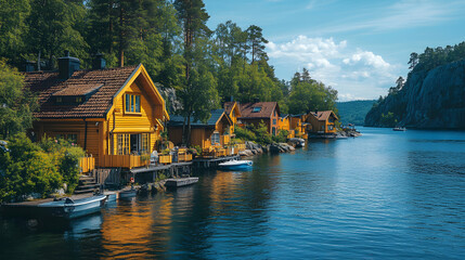 Fototapeta premium Photography capturing the serene beauty of the Stockholm archipelago, with vibrant blue waters, rocky islands, and quaint wooden houses overlooking the shoreline.