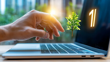 A hand reaches for a laptop displaying a floating plant and a glowing number, symbolizing technology and nature's synergy.