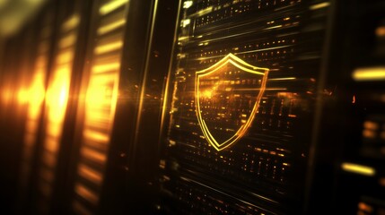 Shield Icon on Server Rack with Dramatic Lighting