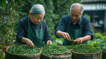 Two generations working together in a serene garden, carefully sorting fresh green tea leaves in large bamboo baskets, surrounded by lush plants and an authentic natural environment.