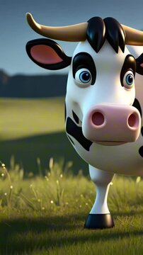 vertical 9:16 3d cow in a meadow cartoon digital art