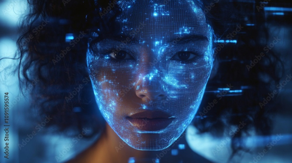Aufkleber a captivating visual of a woman with curly hair, her face illuminated by intricate blue digital patt