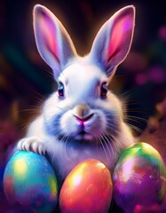 Un conejo de pascua, con huevos de pascua de diferentes colores.