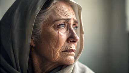 Portrait (Profil) einer depressiven älteren Frau 