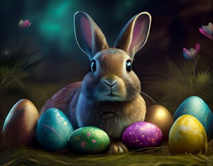 Un conejo de pascua, con huevos de pascua de diferentes colores.