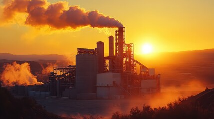 Fototapeta premium Industrial factory emitting smoke during sunset, highlighting environmental impact, production, and energy use against a dramatic orange sky.