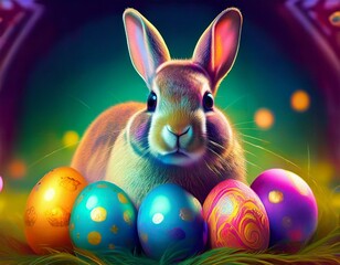 Un conejo de pascua, con huevos de pascua de diferentes colores.