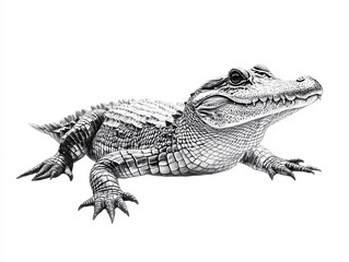 Naklejka premium Highly Detailed Monochromatic Illustration of an Alligator with Textured Scales and Defined Jawline in Black-and-White