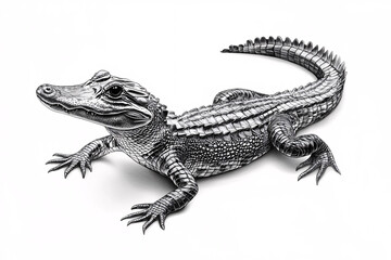 Naklejka premium Highly Detailed Monochromatic Illustration of an Alligator with Textured Scales and Defined Jawline in Black-and-White