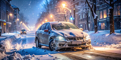 Obraz premium A car is buried in snow on a deserted urban street, illuminated by streetlights in the backdrop of falling snowflakes during a winter storm at night
