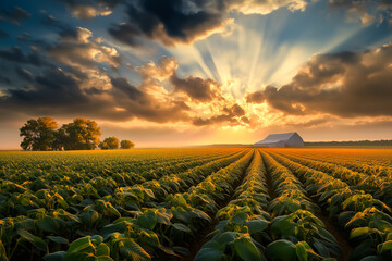 Paisagem de uma planta&ccedil;&atilde;o de soja na fazenda ao p&ocirc;r do sol e c&eacute;u adornado por nuvens