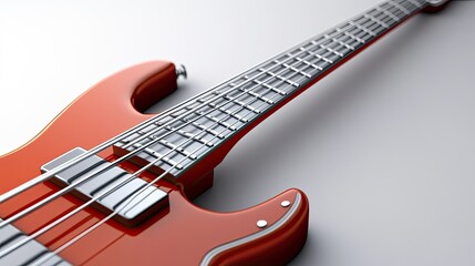 A bass guitar with intricate fretboard details, propped up against a white backdrop to emphasize its structure.