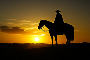 Silhueta de um gaúcho de chapéu e poncho em cima de um cavalo no campo ao amanhecer