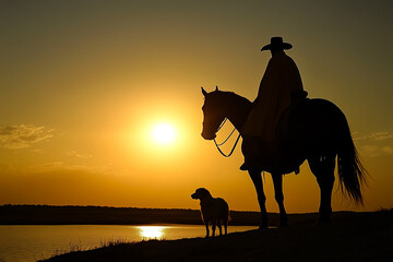 Silhueta de um gaúcho de chapéu e poncho em cima de um cavalo com o seu cachorro perto de um rio ao amanhecer