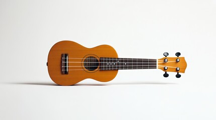 A classic ukulele in a light wooden finish, lying diagonally across a white background with soft shadows.