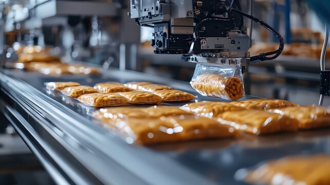 Close-up of branded pet food bags being sealed and labeled on production line, high-speed machinery ensuring uniformity and efficiency in packaging process.