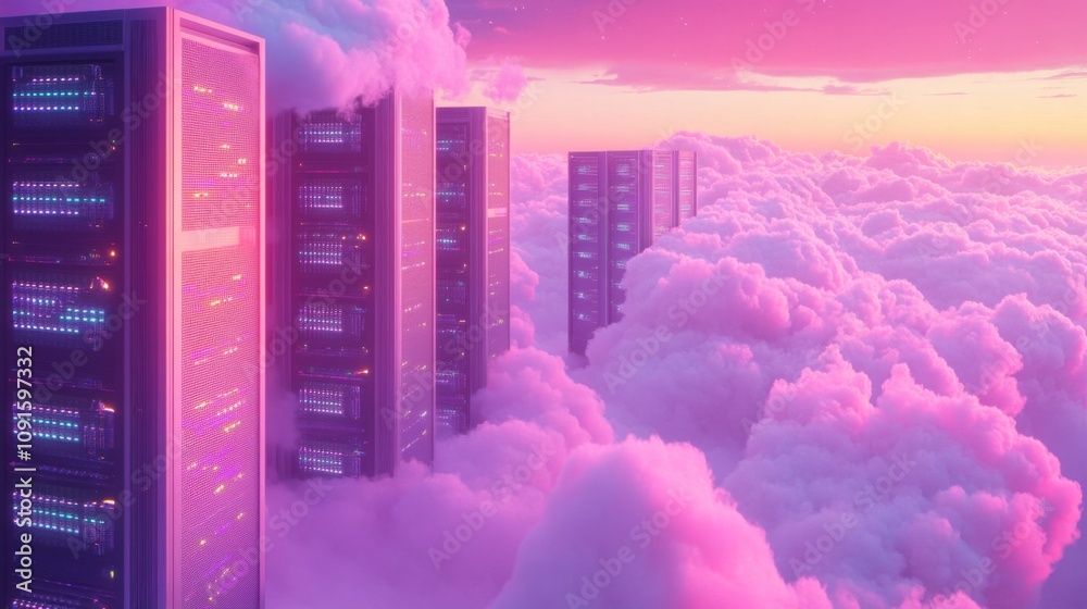 Aufkleber multiple tall server racks with flashing lights are surrounded by fluffy pink clouds. the sky above 