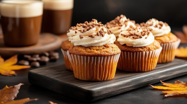 A tempting display of cupcakes topped with whipped cream and chocolate crumbles, set elegantly on a wooden board against a warm, cozy background.