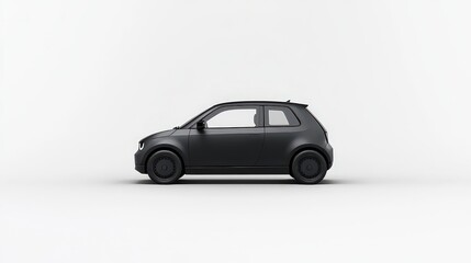 Fototapeta premium Compact black car with streamlined design photographed from side view against clean white background, highlighting urban mobility and modern style.