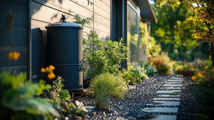  Compact rainwater harvesting system with rectangular storage tank, integrated filter, and overflow outlet, installed against side of a home for efficient use.