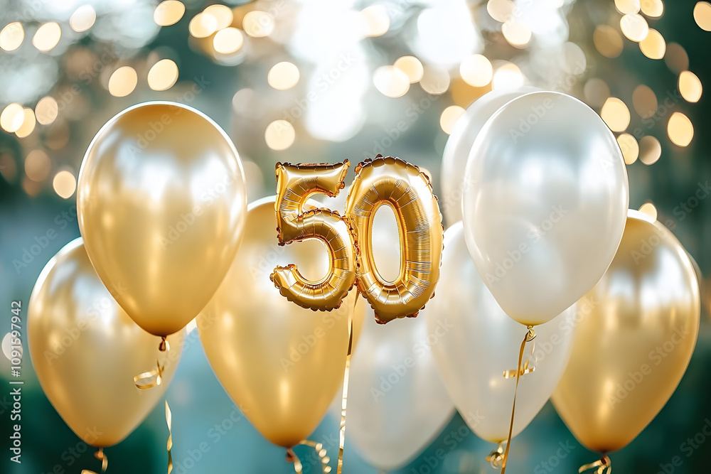 Poster Joyful 50th birthday celebration with shimmering gold helium balloons for a special occasion