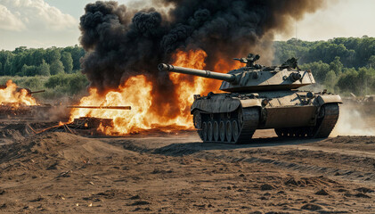 Fototapeta premium Heavy clouds of smoke fill the air as a tank navigates through a warzone. Flames erupt in the background, creating a chaotic atmosphere that highlights the intensity of battle