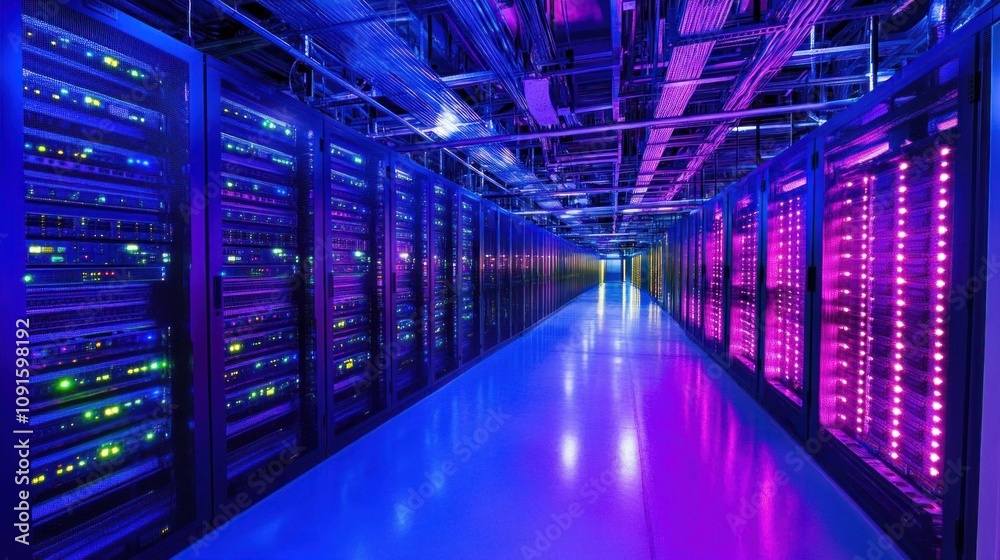 Poster vibrant data center with colorful led lights illuminating server racks and cables in a high-tech env
