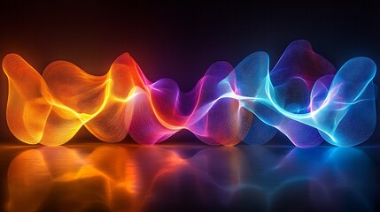 Multicolored line forming intricate loops glowing in the dark and mirrored