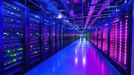Vibrant Data Center with Colorful LED Lights Illuminating Server Racks and Cables in a High-Tech Environment for Technology and IT Concepts
