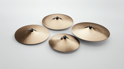 Fototapeta premium A set of cymbals with a glossy surface, positioned on a white background for a clean and dramatic visual.