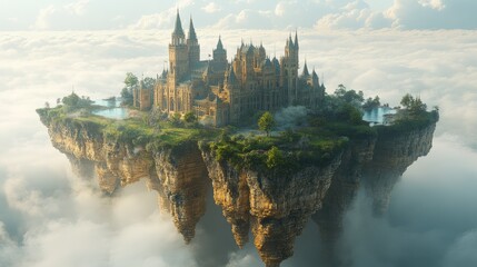 Fototapeta premium A majestic floating castle surrounded by clouds, evoking a sense of fantasy and wonder.