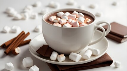 "A cup of hot cocoa with marshmallows, on a white background."


