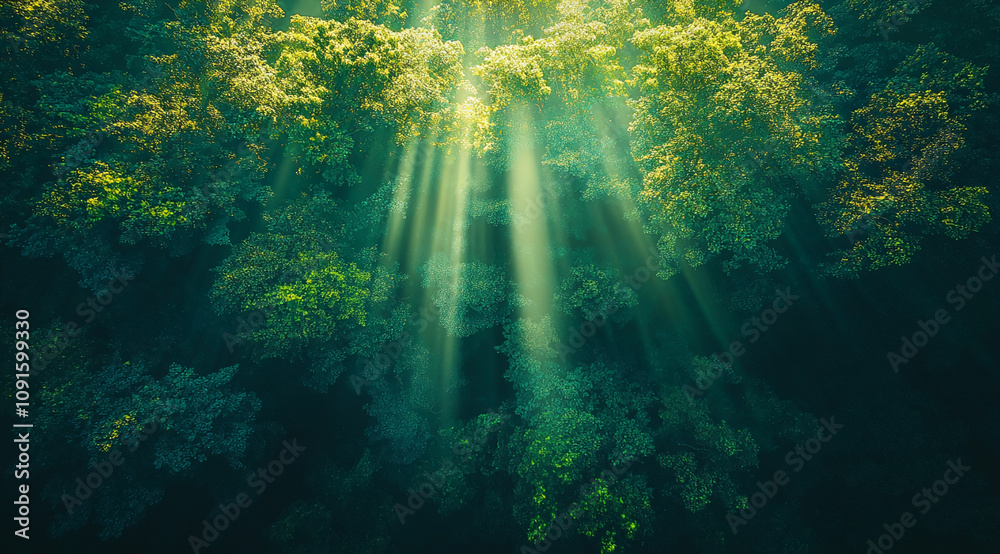 Poster sunlight streams through a dense canopy in a lush forest at midday