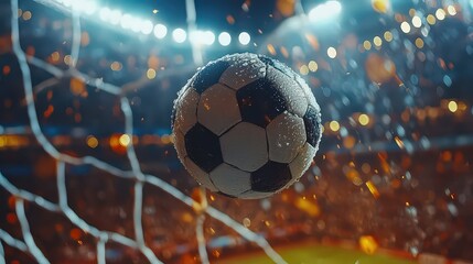 Naklejka premium High-energy shot of soccer ball suspended mid-air in sharp focus, with blurred electrified crowd and goal behind capturing intense action moment.