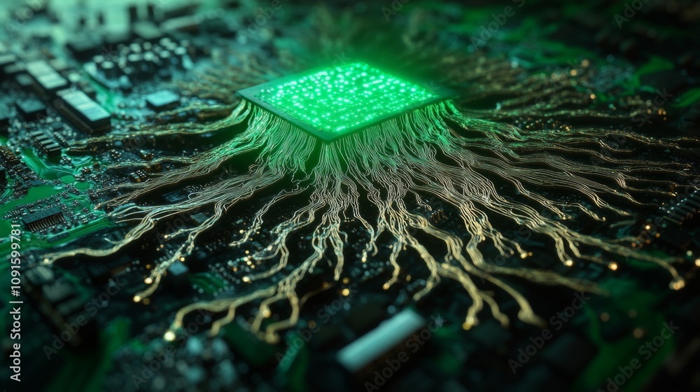Aufkleber The close-up shows a computer chip with radiant circuits extending outward, creating an intricate network. The center features a vibrant green core, symbolizing advanced technology and connectivity.