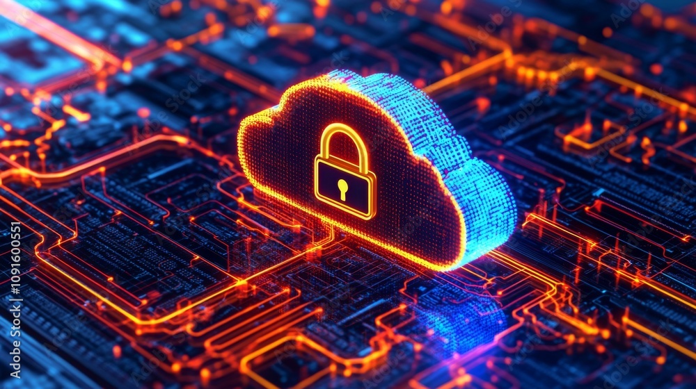 Poster a glowing blue cloud with a padlock icon sits on a circuit board with glowing orange lines.