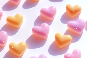 Obraz premium Rows of colorful heart-shaped candies in sunlight