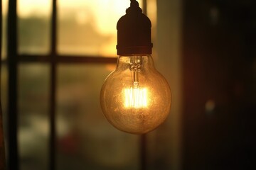 Obraz premium A Close-up of a Glowing Vintage Lightbulb Against a Blurred Background