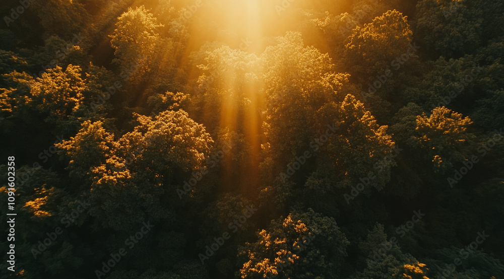 Poster Golden sunlight streams through a dense forest canopy at dawn illuminating the trees with a warm glow