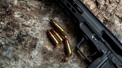 A detailed image of several ammunition bullets lying next to a black firearm on a rustic wooden surface, capturing the essence of precision and readiness.