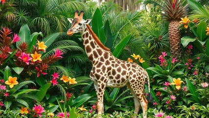 Fototapeta premium A majestic giraffe standing gracefully amidst vibrant tropical plants and colorful flowers, Africa, lush