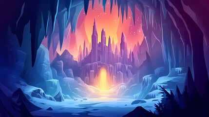 Fototapeta premium Mysterious ruins of an ancient castle deep within an icy cavern. Frozen Crystal Cavern. Illustration