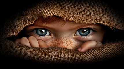 Close-up of a young child’s piercing blue eyes and freckled face, peeking out from beneath a burlap cloth in dramatic lighting