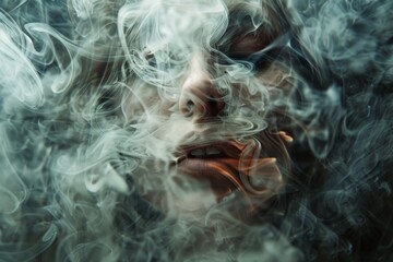 Obraz premium A figure partially obscured by swirling smoke creates an introspective mood in a softly illuminated space, evoking feelings of mystery and reflection.