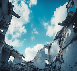 dark ruins of modern building in daylight; beautiful sunny weather; concept of war, natural catastrophe (flood, tsunami, earthquake) and hope with rebuilding and starting over; low angle