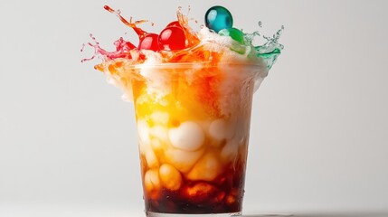 A dramatic image of a bubble tea exploding with color and popping candies, capturing an exciting moment that conveys a sense of fun and liveliness with bold artistry.
