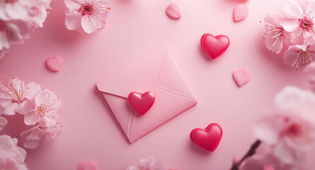 Pink envelope with hearts rests among delicate pink blossoms, a sweet Valentine's Day scene