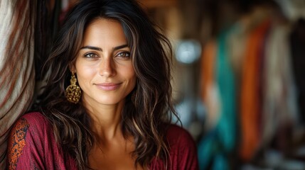 Bright-eyed woman poses in a boutique, her hair tousled and adorned with intricate golden earrings. The ambient lighting casts a warm, inviting glow.
